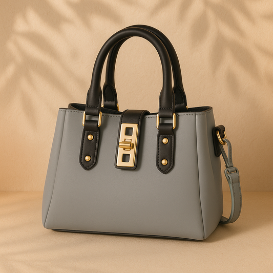 Eval Steellock – Structured Grey Handbag with Gold Buckle